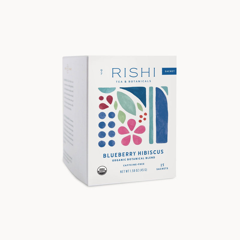A box of Rishi Tea & Botanicals Blueberry Hibiscus tea.