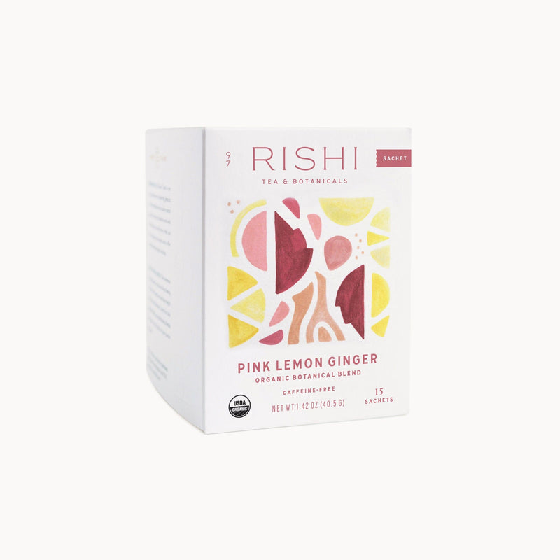 A box of Pink Lemon Ginger tea from Rishi Tea & Botanicals.